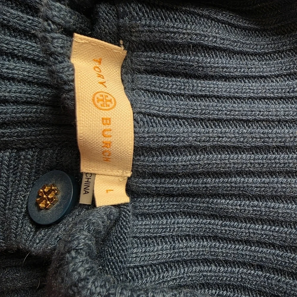Tory Burch Blue Cashemere Blend Turtleneck Sweater with Button Accents Lg 1357